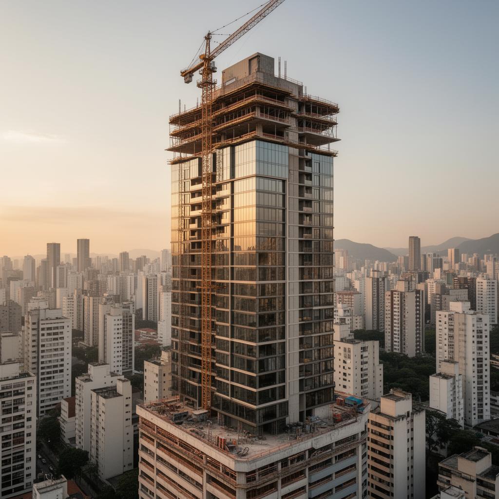 Empreendimento imobiliário high-end em construção, skyline urbano ao entardecer